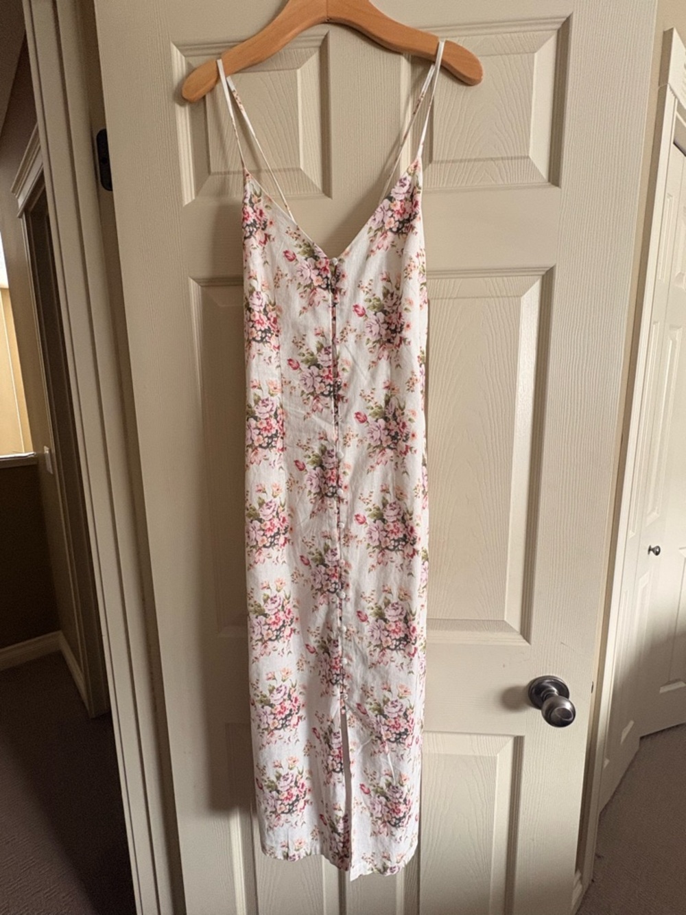 American Eagle Outfitters White Floral Midi Dress with Pink & Green Accents